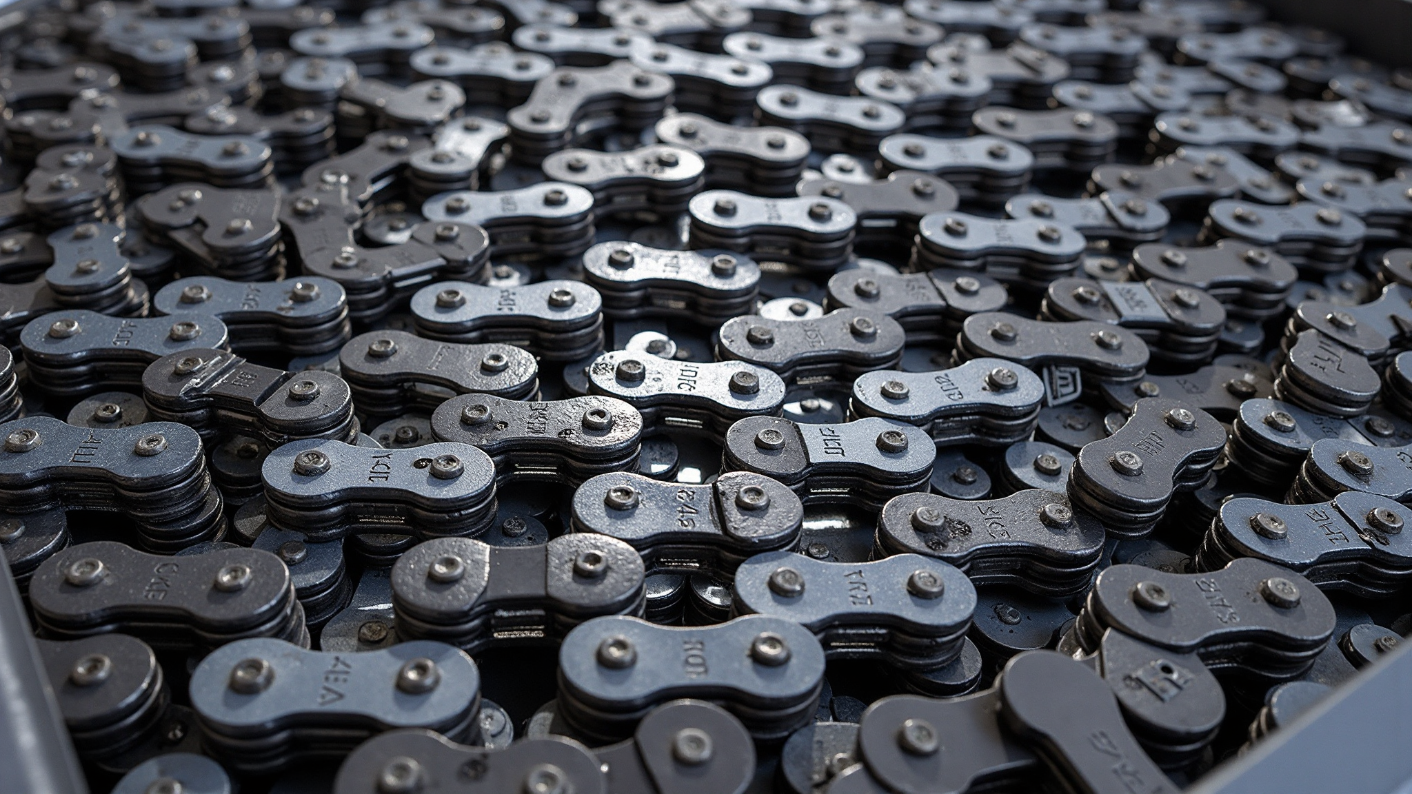 Close-up of a metal roller chain resting on a dark surface