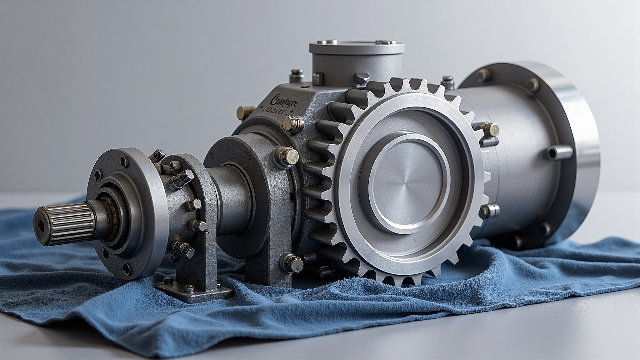 Mechanical gearbox housing on an industrial workbench