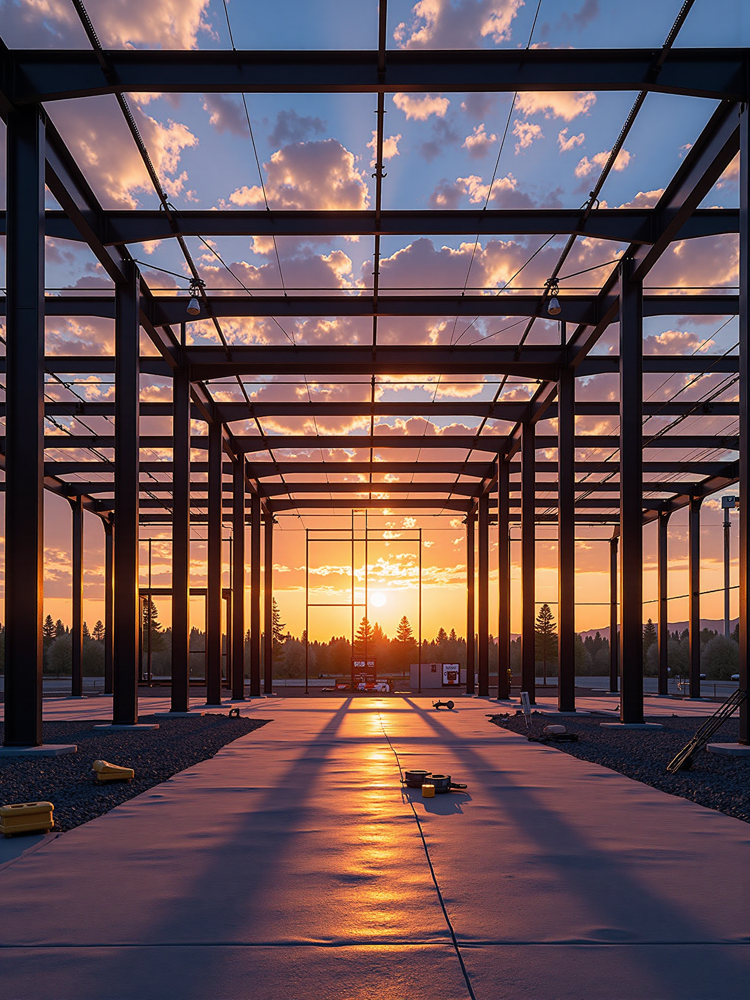 A steel structural frame of an industrial building photographed from below